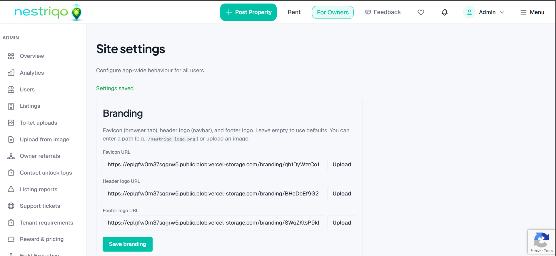 Admin dashboard - listings, users, analytics