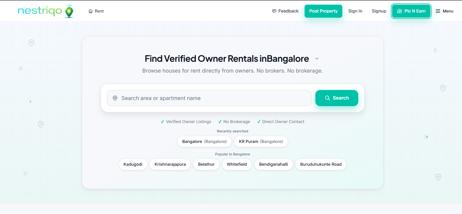 NestRiqo home page - NoBroker alternative rental marketplace
